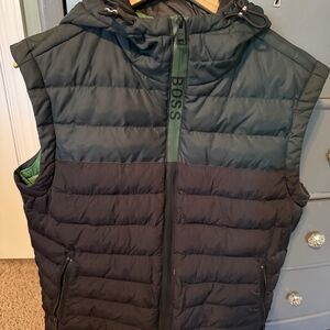 BOSS Men's Black and Green Puffer Vest